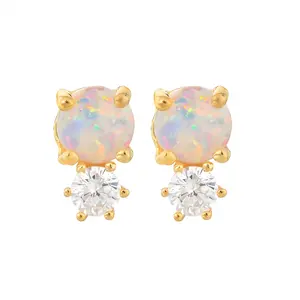 Tiny small gold earring stud 925 sterling silver diamond white synthetic crushed opals earring