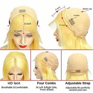Perruque Bob Courte Blond Platine en Cheveux Humains Remy Jaune Néon, Lace Frontale 13x4 Transparente Sans Colle pour Femme - Product Image 4