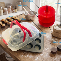 Ensemble de transport pour cupcakes 3-en-1 avec moule à muffins antiadhésif 12 cavités et support de présentation détachable à 3 niveaux, boîte de transport pour cupcakes avec couvercle verrouillable