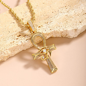 Collier Pendentif <span class=keywords><strong>Ankh</strong></span> en Laiton Micro-Pavé avec Zircon Cubique et Chaîne en Acier Inoxydable <span class=keywords><strong>de</strong></span> 3 mm, Style Hip Hop - Product Image 2