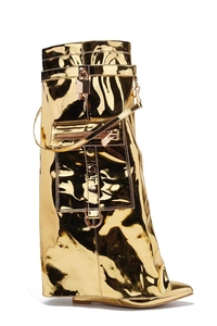 ZHEZHE or <span class=keywords><strong>noir</strong></span> Camouflage bottes hautes pour femmes talons compensés dames métal serrure poche requin longs chaussons - Product Image 5