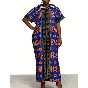 Vestido Maxi con Capucha y Estampado Africano <span class=keywords><strong>para</strong></span> Mujer - Caftán Holgado <span class=keywords><strong>de</strong></span> Manga Corta con Patrón Geométrico y Ribete Dorado, Vestidos Sehe Fashion - Product Image 4