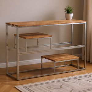 <b>Silver</b> Stainless Steel <b>Console</b> <b>Table</b> Solid Acacia Wood Modern Design Living Room Furniture - Product Image 2