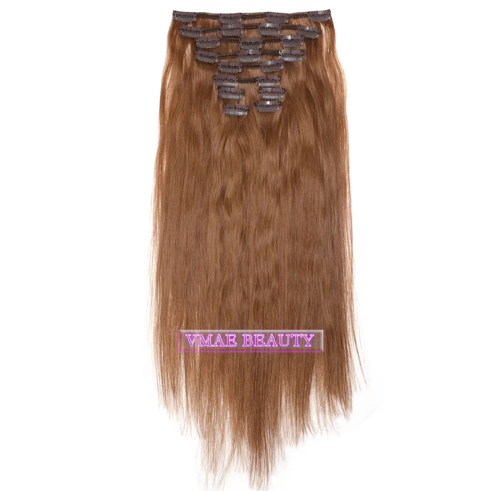 Vmae 100G Remy Dubbelgetekende Lichtbruine Rechte Clip-In Human Hair Extensions 100% Natuurlijke Onbewerkte Groothandel