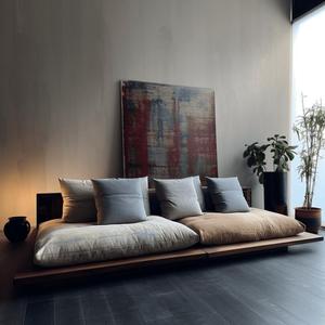 Sofá de Madera Maciza de Pino con Estructura de Mortaja y Espiga, Tapicería de Tela, Estilo Minimalista para Recepción de Hotel - Product Image 1