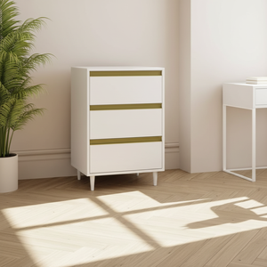 โต๊ะข้างเตียงสีขาวทันสมัยมีลิ้นชัก 3 ช่อง พอร์ตชาร์จหลายช่อง และขาที่ถอดออกได้ ซึ่งเป็นส่วนประกอบที่สมบูรณ์แบบสำหรับห้องนอน - Product Image 1