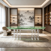 Table à thé ovale en résine texturée vert jade, avec barre transversale en bronze, design moderne, écologique, durable, pour usage commercial et résidentiel
