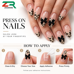 ZHAORONG Unghie Finte Leopardate French <span class=keywords><strong>Tip</strong></span> a Mandorla Lucide Rosa Nude con Fiocchi Neri 3D e Strass per Donna - Product Image 5