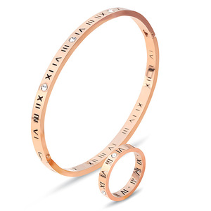 Ensemble bracelet et bague en acier inoxydable avec chiffres romains et incrustation de diamants, bijoux unisexes, coffret cadeau - Product Image 3