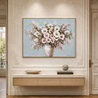 Peinture à l'huile florale personnalisée en usine, peinte à la main, bouquet abstrait de fleurs roses et blanches dans un vase texturé, art mural pour la décoration intérieure