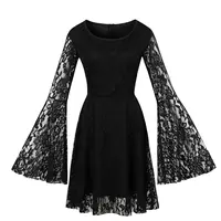 Amazon FBA Dịch Vụ MXN-1997 Bán Buôn Phụ Nữ Dài Tay Áo Ren Dress Đen Retro Gothic Dress