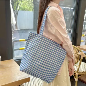 Retro Plaid Women's Canvas Shoulder Bag Large Capacity Ladies Reusable Shopping Bags Simple Casual Tote Female Handbags <b>Purse</b> - Product Image 1