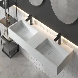 Pia dupla moderna para banheiro, pia suspensa de parede, novo lançamento com escorredor, superfície sólida retangular, estilo moderno polido
