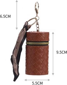 Pochette cylindrique en cuir tressé pour porte-clés, avec sangle décorative, mini porte-rouge à lèvres, breloque de sac, portefeuille portable, sac de rangement pour écouteurs et clés - Product Image 5
