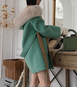 <span class=keywords><strong>Trench</strong></span>-shirts en laine à capuche pour femmes, en tissu de cachemire <span class=keywords><strong>vert</strong></span> et fourrure de renard, personnalisé, de haute qualité - Product Image 6