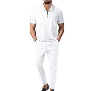 طقم قميص بولو جديد للرجال مكون من قطعتين، أزياء عصرية غير رسمية، قابل للتنفس مع ياقة، بنطلون برباط، لون موحد - Product Image 3