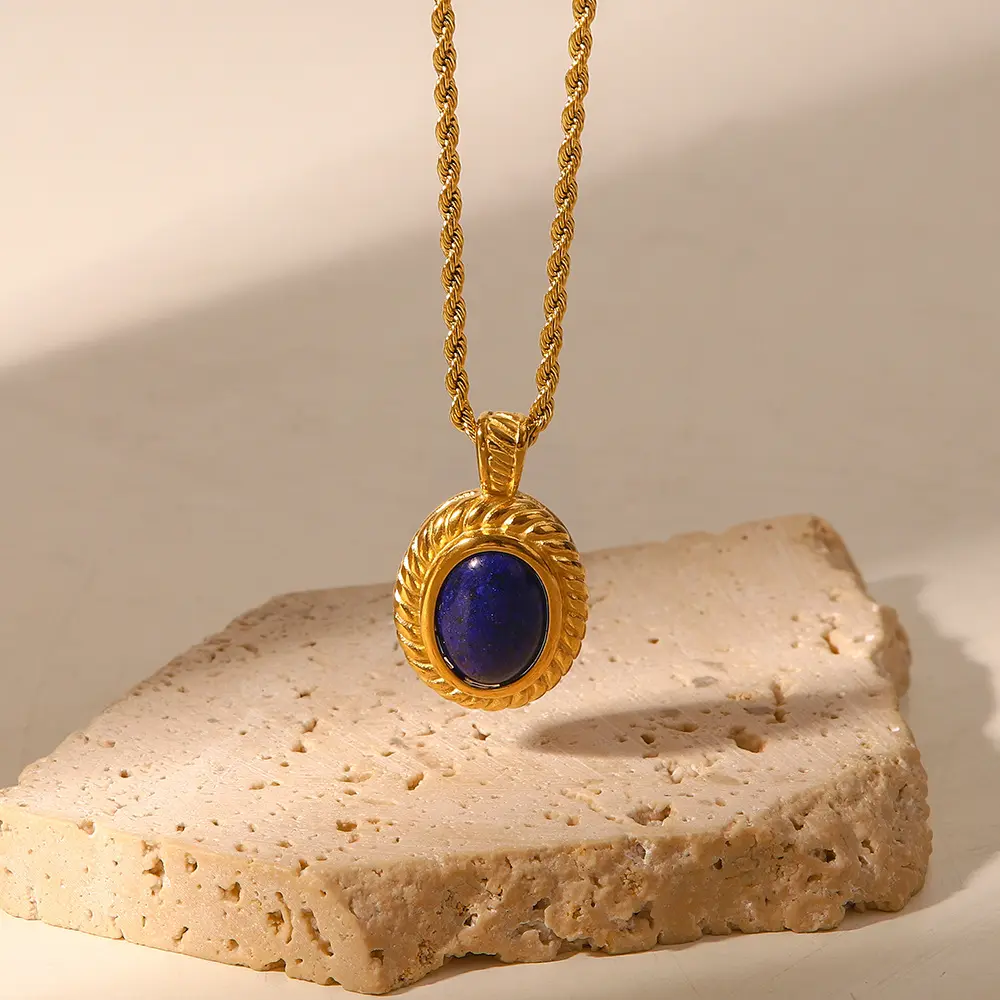 Classic Jewelry 18K Gold Plated Stainless Steel Rope Chain Oval Shape Lapis Stone Pendant Necklace