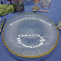 Assiette de présentation ronde transparente en verre à bord ondulé doré, vaisselle décorative pour banquets, mariages, fêtes et usage domestique