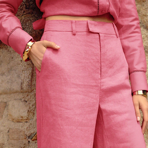 Completo Casual 100% <span class=keywords><strong>Lino</strong></span>, Tinta Unita, con Camicetta Abbottonata e <span class=keywords><strong>Pantaloni</strong></span>, Vestibilità Ampia, in Tessuto Intrecciato, Estivo, Tinto in Tinta Unita - Product Image 4