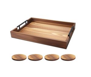 Nouveau produit tendance Grand plateau en bois Ottoman Plateau de service en bois avec poignée et sous-verre pour le salon - Product Image 1