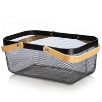 Petit panier de rangement rectangulaire en maille avec poignées en bois, organisateur de cadeaux de collation de fruits en fil métallique moderne pour la maison en gros