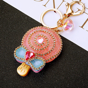 Porte-clés mignon en forme de sucette, rond, en plastique, avec strass, couleurs jaune, rose, bleu, corail, mousqueton - Product Image 6