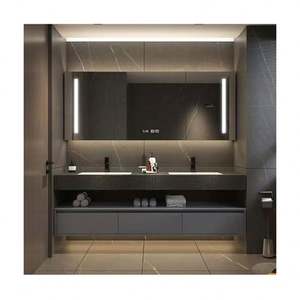 Meuble-lavabo moderne sur mesure avec organisateur, vasque suspendue, plan de toilette et coiffeuse noire pour salle de bain - Product Image 1