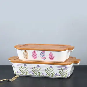 Factory Direct Selling Custom Decal Rectangular Baking Dish Ceramic Bake Tray Set Dishes Plates Bakeware Sets with Lid