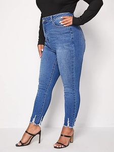 <span class=keywords><strong>Jeans</strong></span> attillati da donna taglie forti blu elasticizzati a vita alta con leggings a forma di mamma in Denim <span class=keywords><strong>Slim</strong></span> Fit con orlo sfilacciato per l'inverno - Product Image 3