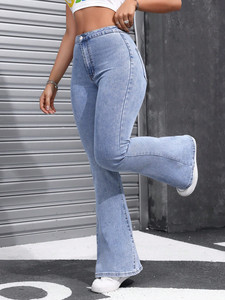 Jeans évasés <span class=keywords><strong>bleu</strong></span> clair taille haute coupe ajustée pour <span class=keywords><strong>femme</strong></span>, design décontracté en tissu denim lavable, méthode de tissage - Product Image 4