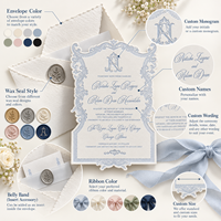 Ensemble de cartes d'invitation de mariage personnalisées en damassé bleu et blanc, gaufrées, découpées, avec sceau de cire et ruban, vente en gros, fabricant en vrac