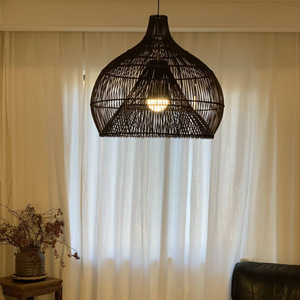 Lampe suspendue en rotin noir, lustre rond E27 pour chambre à coucher et salle à manger, luminaire de style nordique - Product Image 2