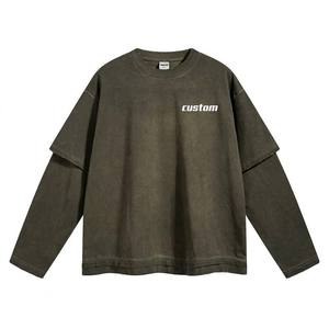 Custom Wholesale Heavyweight Cotton Streetwear <b>Y2K</b> Utility Green Layered Look Boxy Fit Mens Long Sleeve T <b>Shirt</b> - Product Image 1