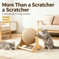 Balle à gratter rotative en sisal pour chat avec support en bois massif – Jouet vertical d'intérieur pour le nettoyage des griffes et l'auto-entretenissement du chat