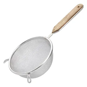 Double layer Large Fine Mesh Strainer Basket 304 Stainless Steel Heavy Duty Colander with Wood Handle Flour Sifter Sieve set