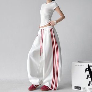 Pantalones de chándal anchos rojos para mujer 2026, nuevos pantalones casuales de cintura alta a rayas, holgados, estilo urbano, para damas - Product Image 4