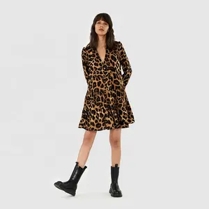 2024 été col en v manches longues imprimé léopard courtes Mini robes décontractées pour les femmes