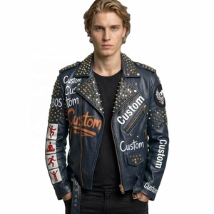Chaqueta de Motero Azul Marino de Piel de Oveja con Tachuelas de Latón, Parche Bordado y Estampado Personalizado para Marca de Ropa Urbana Punk Rock, Venta al por Mayor OEM - Product Image 1