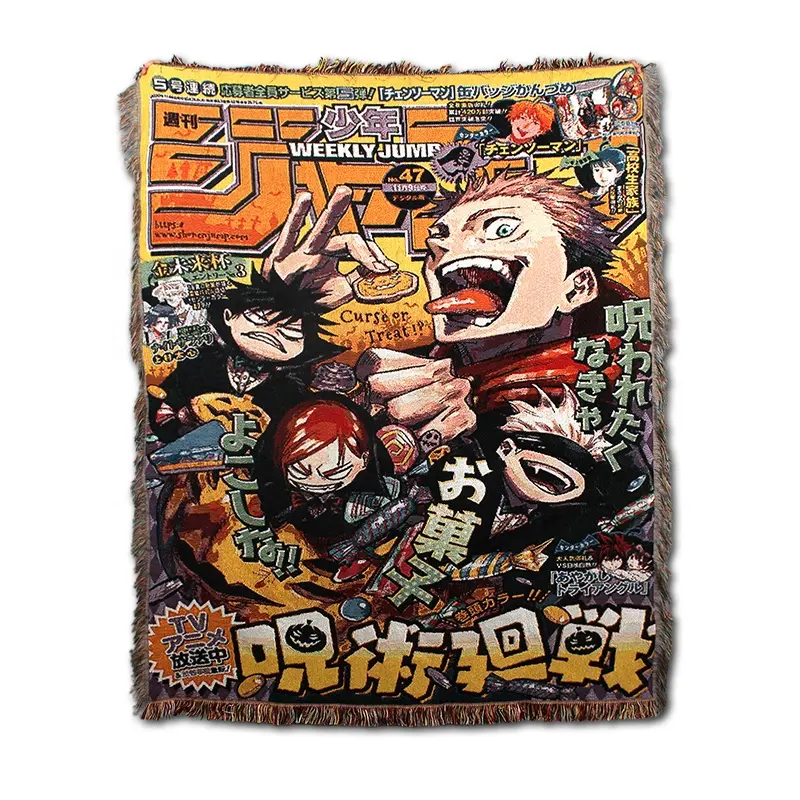 Custom Anime Design Jacquard Decorative Tassel Throw Recycled Cotton Soft Tapestry Woven Blanket