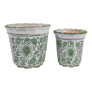 Vasi Rotondi in Gres con Bordo Ondulato, Design Floreale Verde, Contenitori Decorativi per Piante da Interno ed Esterno - Product Image 1