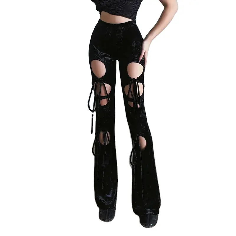 Velvet Lace Up Hollow Out Sexy Black Punk Flare Pants Grunge Y2k Fashion Trousers Women