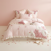 Ensemble de literie en coton rose pour fille, 4 pièces, broderie florale, linge de lit princesse