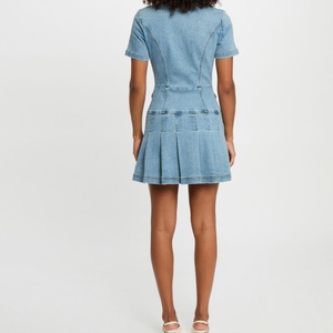 เดรสยีนส์ผู้หญิงแขนสั้นทรงลำลองสำหรับฤดูร้อน รุ่นใหม่ล่าสุด คอวี แต่งระบาย จับจีบ กระโปรงพลีท ติดกระดุมครึ่งตัว - Product Image 4