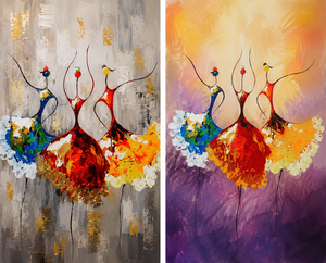 Cuadro Abstracto Pintado a Mano sobre Lienzo, Danza de los Amarillos, con Tres Bailarines Coloridos en Vestidos Vibrantes, Técnica Acrílica - Product Image 2