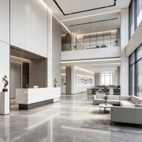 Conception de la disposition intérieure du bureau à partir d'un plan de mobilier, les zones incluent la réception, la salle de réunion, le salon et les bureaux privés