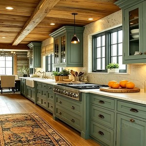 Armoires de cuisine en bois massif peintes en vert sauge, style ferme rustique, avec design de <span class=keywords><strong>plafond</strong></span> en bois naturel - Product Image 1
