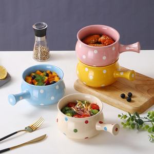 Bol à petit-déjeuner en céramique à poignée unique avec motif à pois, bol en porcelaine pour nouilles, salade de fruits, pour la maison, l'hôtel, le restaurant, les fêtes - Product Image 1