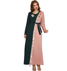 Зеленое розовое двухцветное платье с бахромой и вышивкой