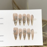 Faux ongles à presser faits main de luxe, 3D, cœur rose, étoile, gemmes, paillettes argentées, réutilisables, longs, forme stiletto