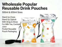 Sachet Doypack Ziplock Populaire de 500ml et 650ml avec Sangle et Paille pour Boissons (Thé au Lait, Cocktails, Jus) – Emballage Réutilisable en Gros